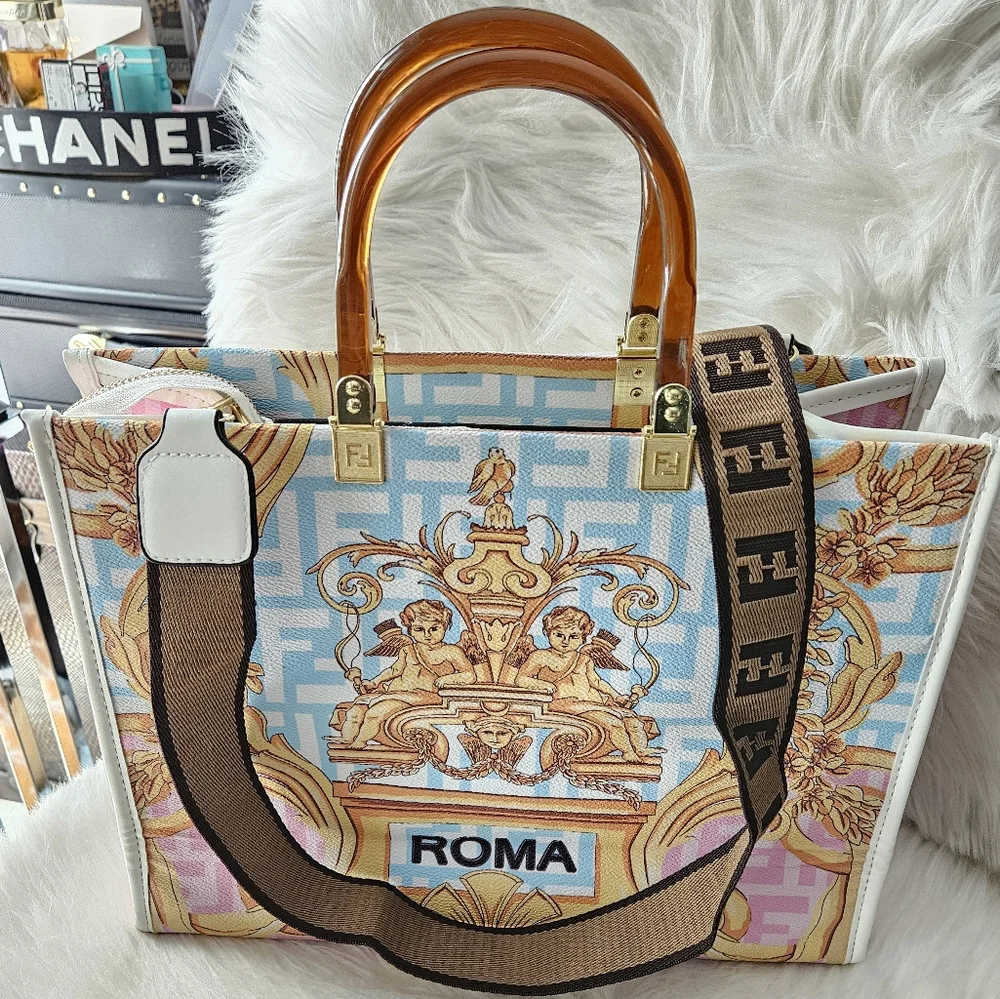 Fendi Multicolor Baroque Canvas Satchel in Blue, Pink & Gold